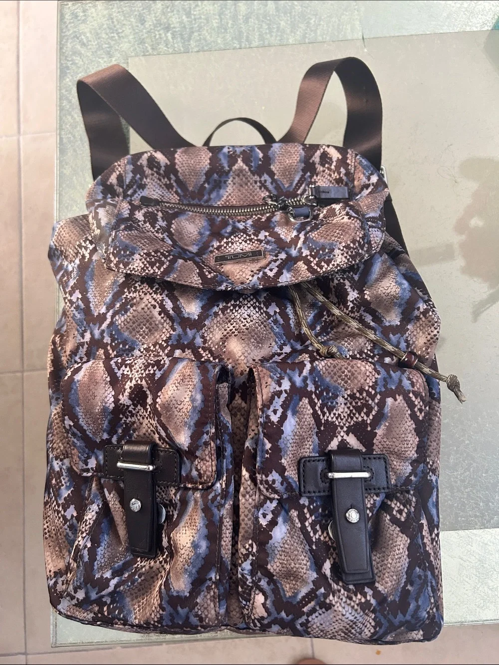 Tumi Snake-Print Backpack in Brown and Blue